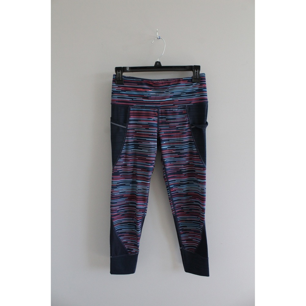 Athleta Womens XS Navy Pink Striped Mesh Pocket Cropped Leggings Activewear